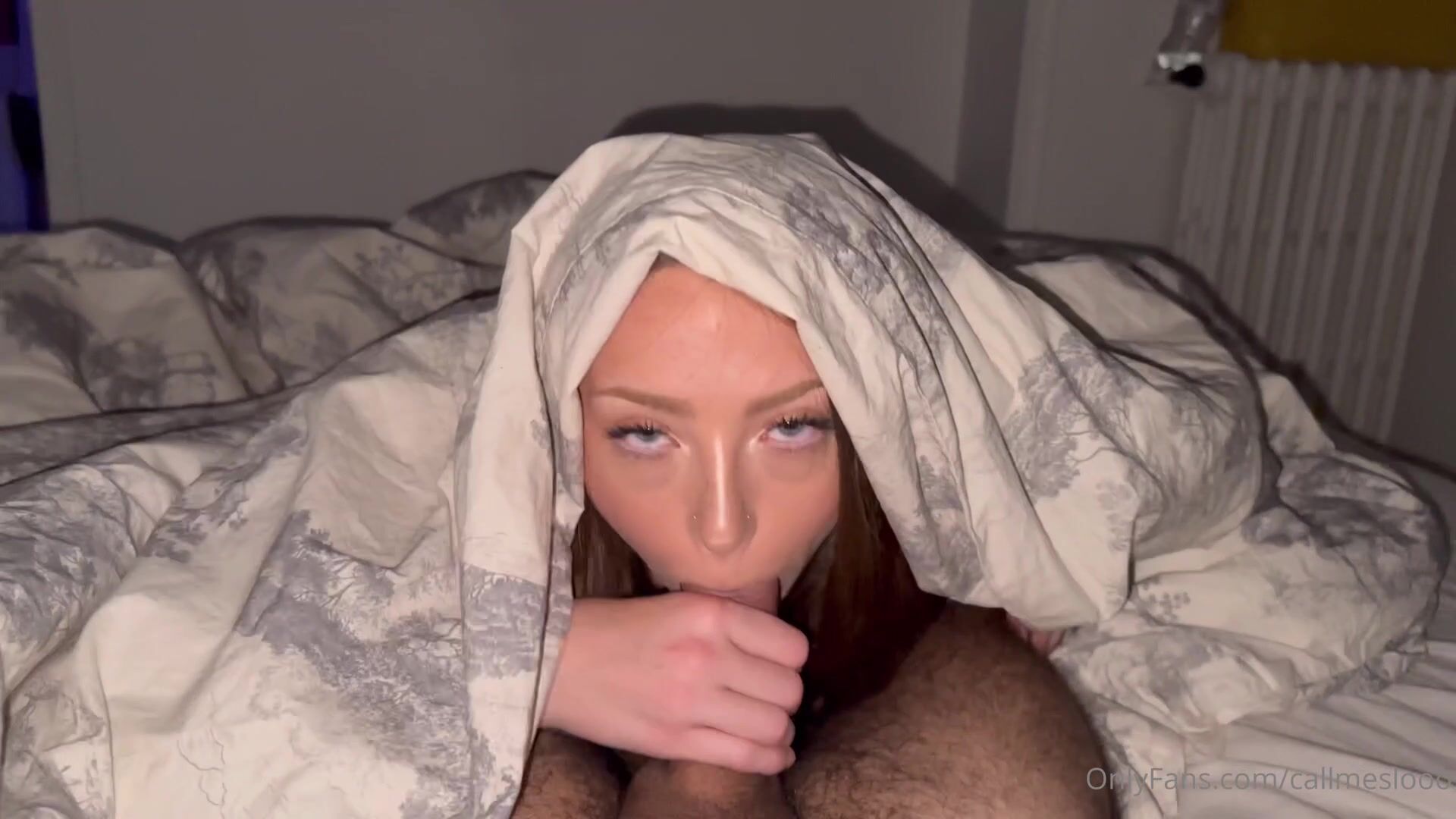 Call Me Slo Sucks Her BF's Dick Under The Blanket