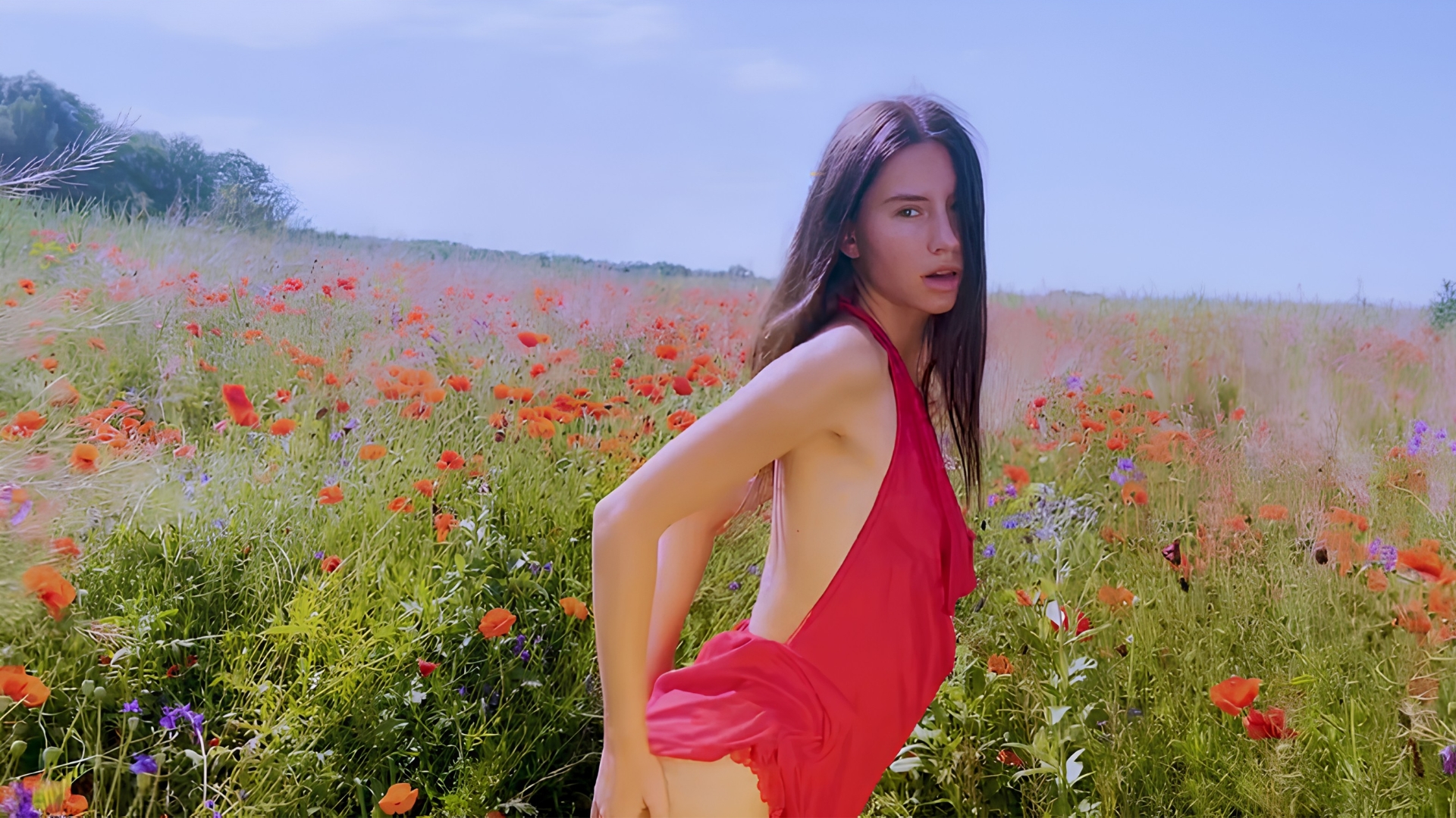 A Slender Beauty Masturbates In A Poppy Field